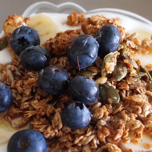 yogurt, granola, blueberries