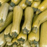 Close-up of fresh zucchinis at a market, showcasing their nutritious appeal and abundance.