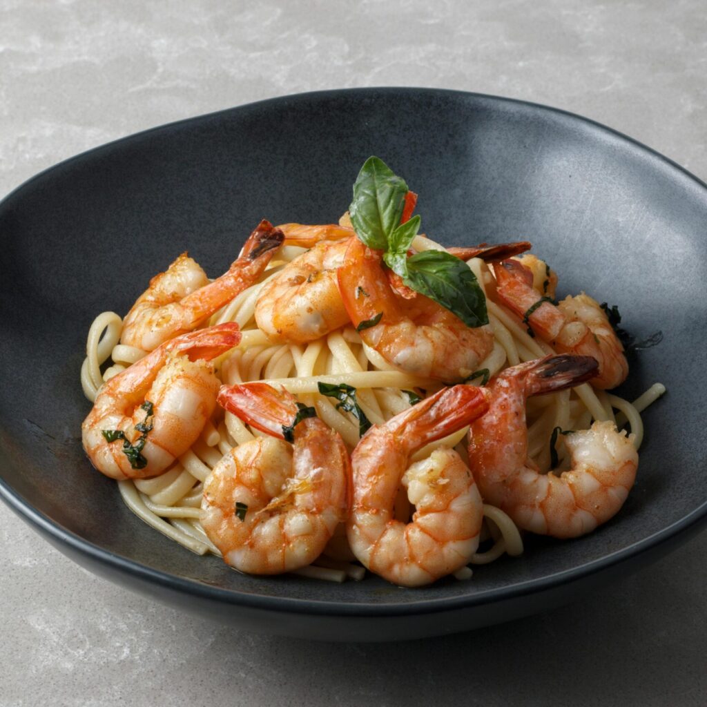 A tantalizing dish of shrimp pasta garnished with fresh herbs in a dark ceramic bowl.